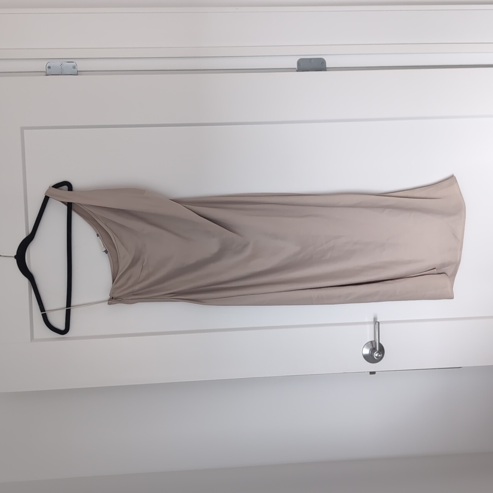 BHLDN taupe/creme one shoulder dress